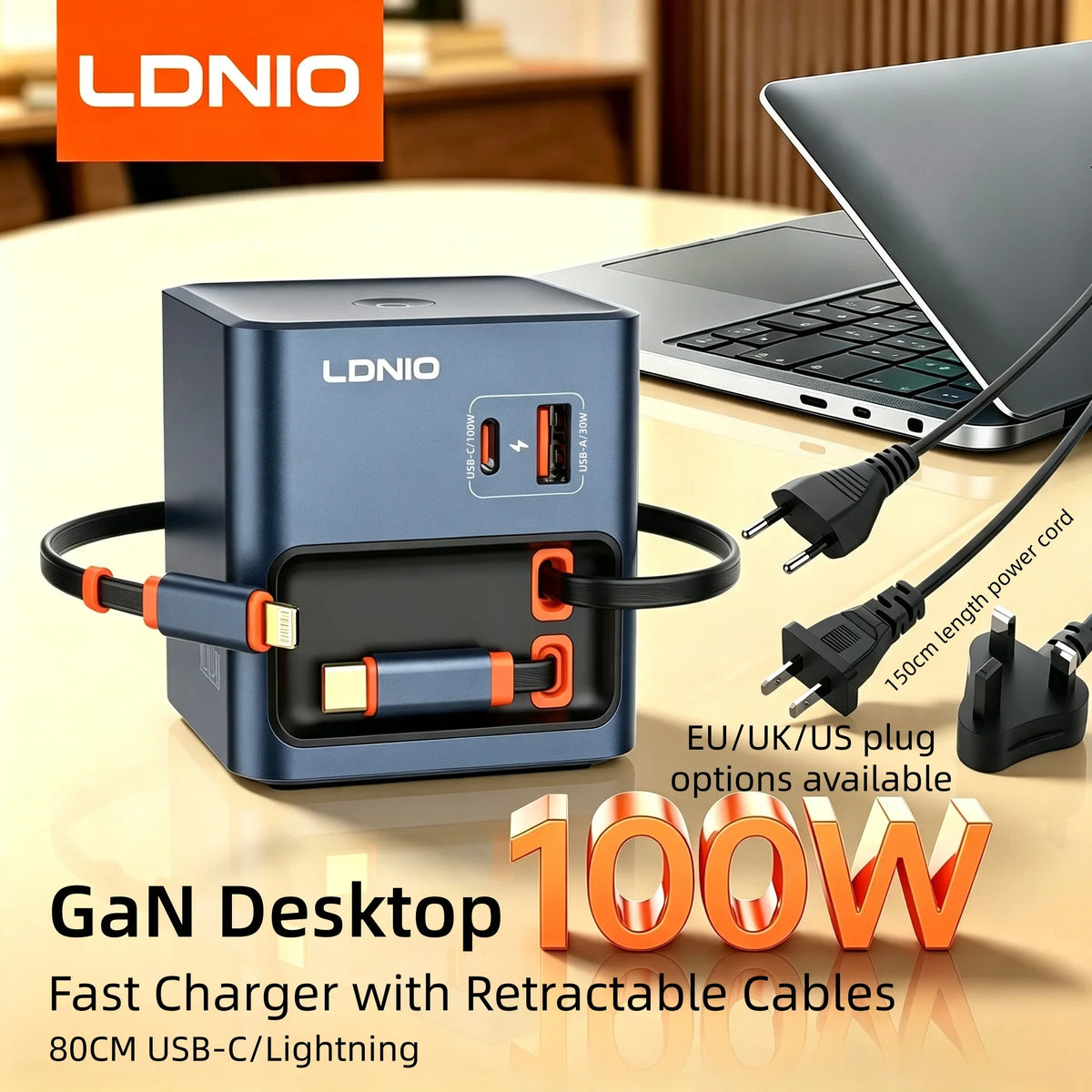 LDNIO 100W GaN Snellader met Oprolbare Kabels