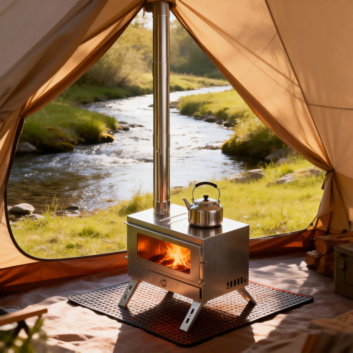 RVS Camping Houtkachel met Schoorsteen